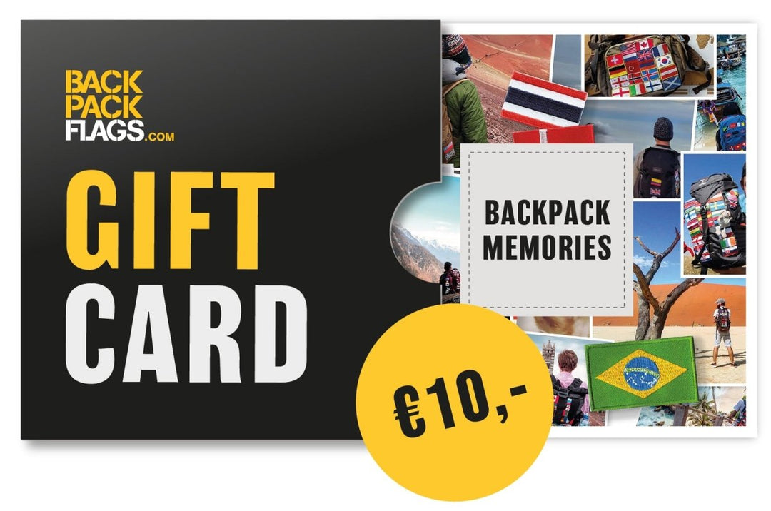 BACKPACKFLAGS.COM €10 gift card for travel enthusiasts, featuring adventure-themed images and "Backpack Memories" slogan.