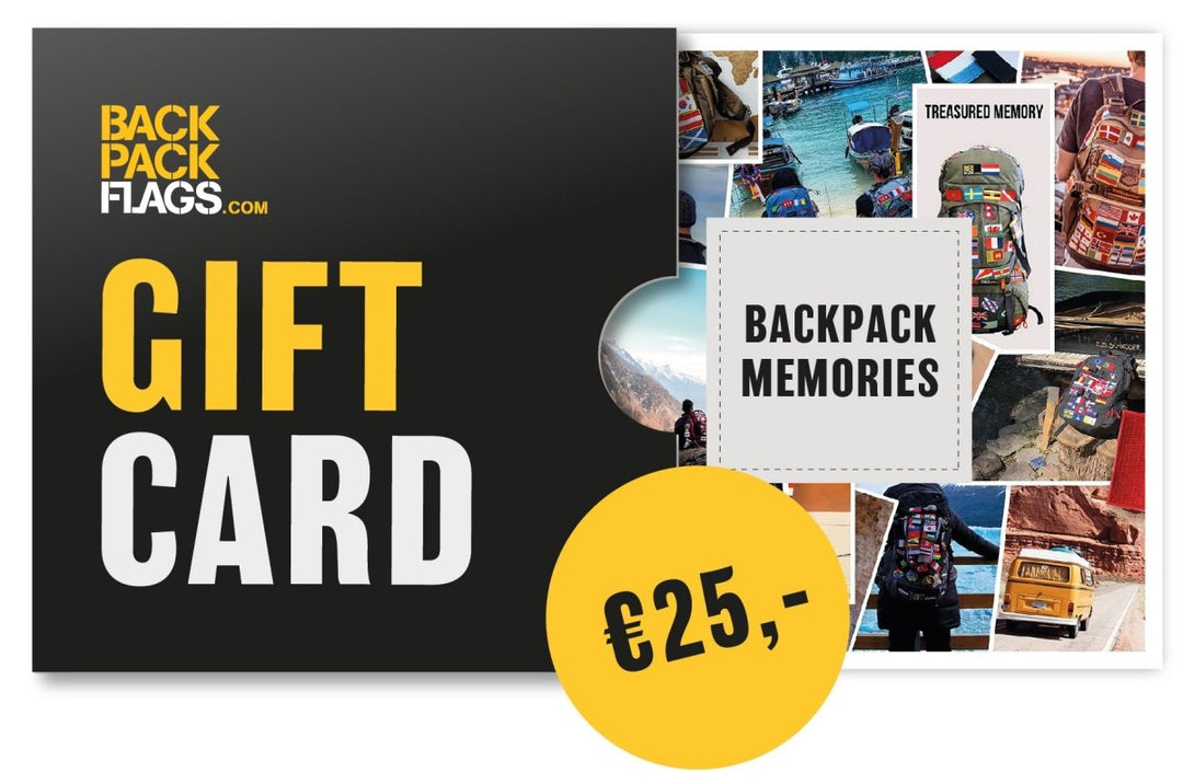 25 Euro Backpackflags.com Gift Card for travel enthusiasts with backpack images.