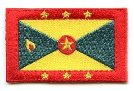 Grenada flag patch featuring red border, three yellow stars, yellow and green triangles, central red circle with star, and nutmeg emblem.