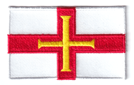 Guernsey flag patch measuring 6.5 x 4 cm with red and yellow cross design.