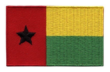 Guinea-Bissau flag patch with red, yellow, and green stripes and black star, size 6.5 x 4 cm.