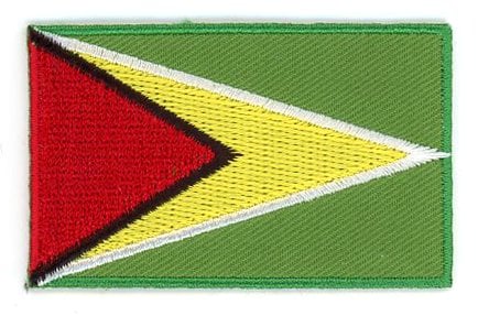 Guyana flag patch with green background, yellow and red triangles, size 6.5 x 4 cm.