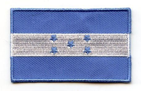 Honduras flag patch with blue and white stripes and five blue stars, 6.5 x 4 cm.