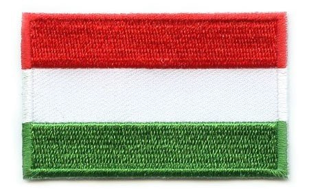 Hungary flag patch with red, white, and green horizontal stripes, measuring 6.5 x 4 cm.
