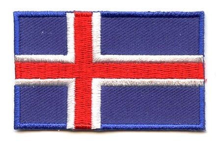 Iceland flag patch with red cross on blue base, 6.5 x 4 cm.