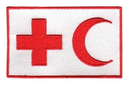 IFRC flag patch featuring red cross and crescent on white background, size 6.5 x 4 cm.