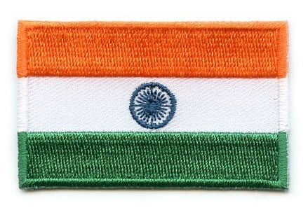 India flag patch with saffron, white, green stripes, and blue Ashoka Chakra emblem; size 6.5 x 4 cm.