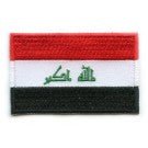 Iraq flag patch with red, white, and black stripes, green script and stars; size 6.5 x 4 cm.