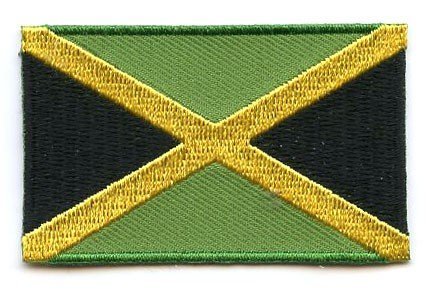 Jamaican flag patch with yellow diagonal cross and green and black triangles.
