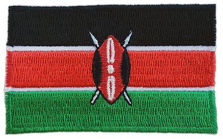 Kenya flag patch featuring horizontal black, red, and green stripes, white borders, and a central Masai shield and spears emblem.