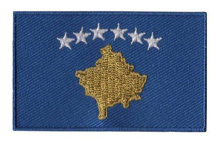 Kosovo flag patch with six white stars and a golden map on a blue background.