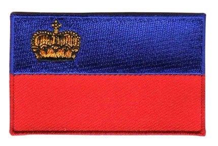 Liechtenstein flag patch with blue and red stripes and gold crown design.