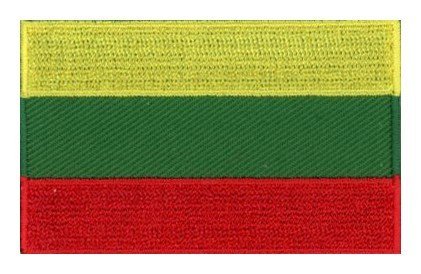 Lithuania flag patch with yellow, green, and red stripes measuring 6.5 x 4 cm.