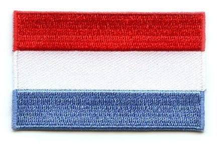 Luxembourg flag patch with red, white, and light blue stripes, measuring 6.5 x 4 cm.