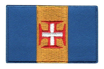 Madeira flag patch with blue-gold triband and red-bordered white Cross of Christ.