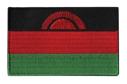 Malawi flag patch featuring black, red, and green stripes with a rising sun.