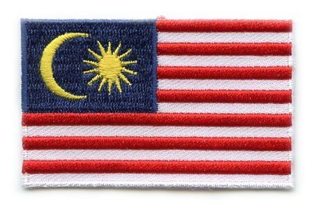 Malaysia flag patch with red and white stripes, blue square, yellow crescent, and 14-pointed star, measuring 6.5 x 4 cm.