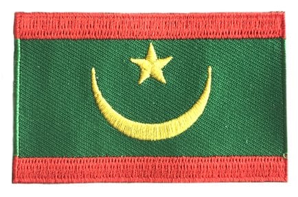 Mauritania flag patch with green field, yellow crescent and star, red bands, 6.5 x 4 cm.