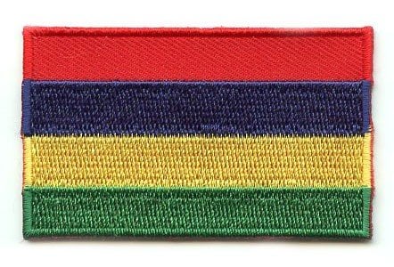 Mauritius flag patch with horizontal stripes in red, blue, yellow, and green, size 6.5 x 4 cm.