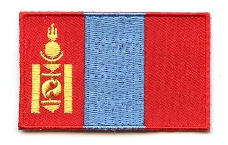 Mongolia flag patch with red, blue stripes and soyombo emblem.