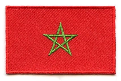Morocco flag patch featuring red base and green Seal of Solomon, size 6.5 x 4 cm.
