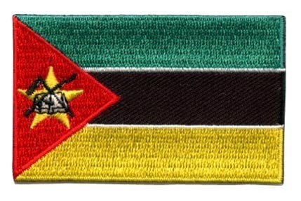 Mozambique flag patch featuring green, black, and yellow horizontal stripes with a red triangle, yellow star, rifle, hoe, and book emblem.