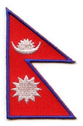 Nepal flag patch with moon and sun emblems, red base, blue outline.