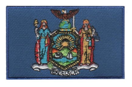 New York flag patch featuring the state coat of arms on a blue base, measuring 6.5 x 4 cm.