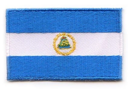 Nicaragua flag patch with blue, white stripes and coat of arms, 6.5 x 4 cm.