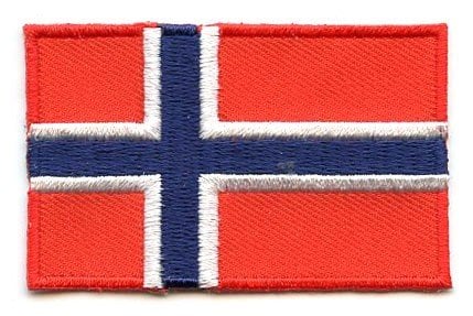 Norway flag patch with red background and blue Scandinavian cross outlined in white, size 6.5 x 4 cm.