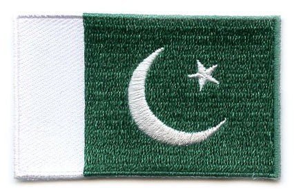 Pakistan flag patch with green background, white vertical stripe, crescent, and star.