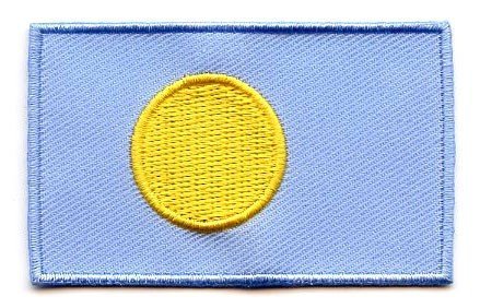 Palau flag patch with sky blue base and yellow circle, 6.5 x 4 cm.