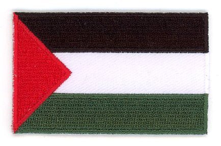 Palestine flag patch with black, white, and green stripes and a red triangle; size 6.5 x 4 cm.