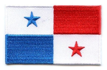 Panama flag patch featuring red, blue, and white sections with blue and red stars, size 6.5 x 4 cm.