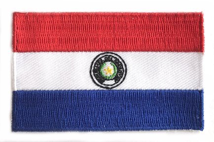 Paraguay flag patch with red, white, and blue stripes, featuring the national coat of arms, size 6.5 x 4 cm.