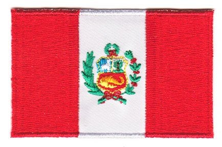 Peru flag patch with red, white, red vertical stripes and national coat of arms.