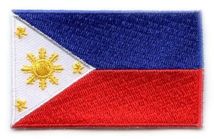 Philippines flag patch with blue and red stripes, white triangle, yellow sun, and stars.