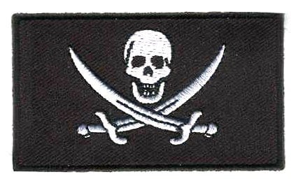 Black pirate flag patch featuring skull and crossbones design, 6.5 x 4 cm.