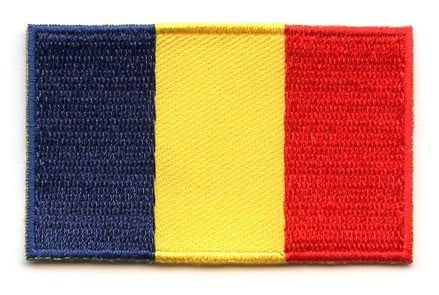 Romania flag patch with vertical blue, yellow, and red stripes, size 6.5 x 4 cm.
