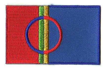 Sami flag patch featuring blue, red, green, yellow colors, 6.5 x 4 cm size.