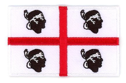 Sardinia flag patch with red cross and four Moor heads, size 6.5 x 4 cm.