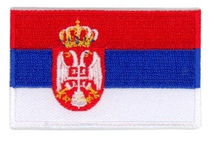 Serbia flag patch with tricolour design and coat of arms, size 6.5 x 4 cm.