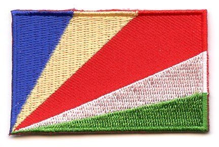 Seychelles flag patch featuring blue, yellow, red, white, and green oblique bands, size 6.5 x 4 cm.