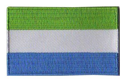 Sierra Leone flag patch with green, white, and blue stripes, size 6.5 x 4 cm.