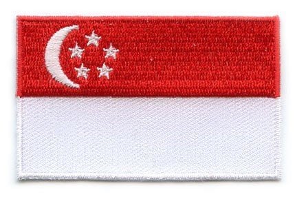 Singapore flag patch with red and white stripes, crescent moon, and five stars.
