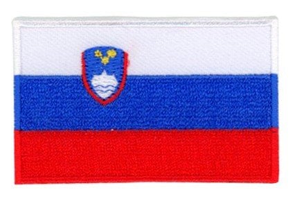 Slovenia flag patch with coat of arms, blue, white, red stripes, 6.5 x 4 cm.