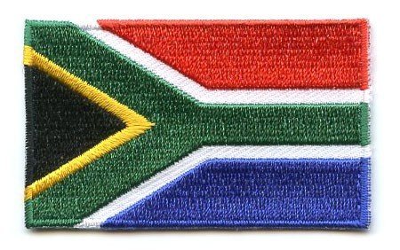 South Africa flag patch featuring colorful stripes and a triangle design, measuring 6.5 x 4 cm.