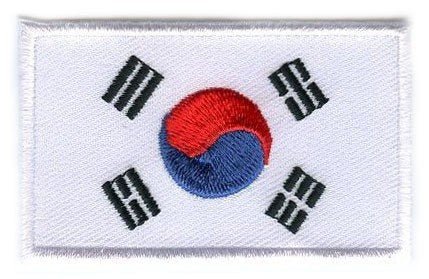 South Korea flag patch with yin-yang emblem and black trigrams on white background.