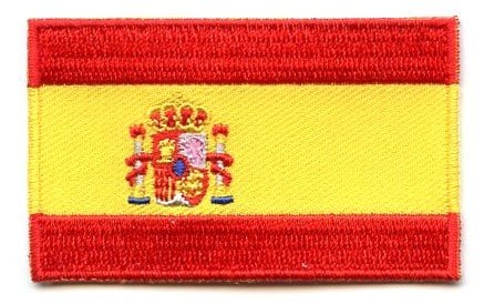 Spain flag patch with red and yellow stripes, featuring coat of arms, 6.5 x 4 cm.