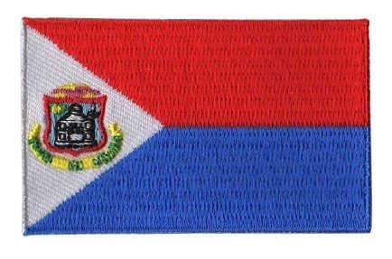 St. Maarten flag patch with coat of arms, red and blue bicolour design, 6.5 x 4 cm.